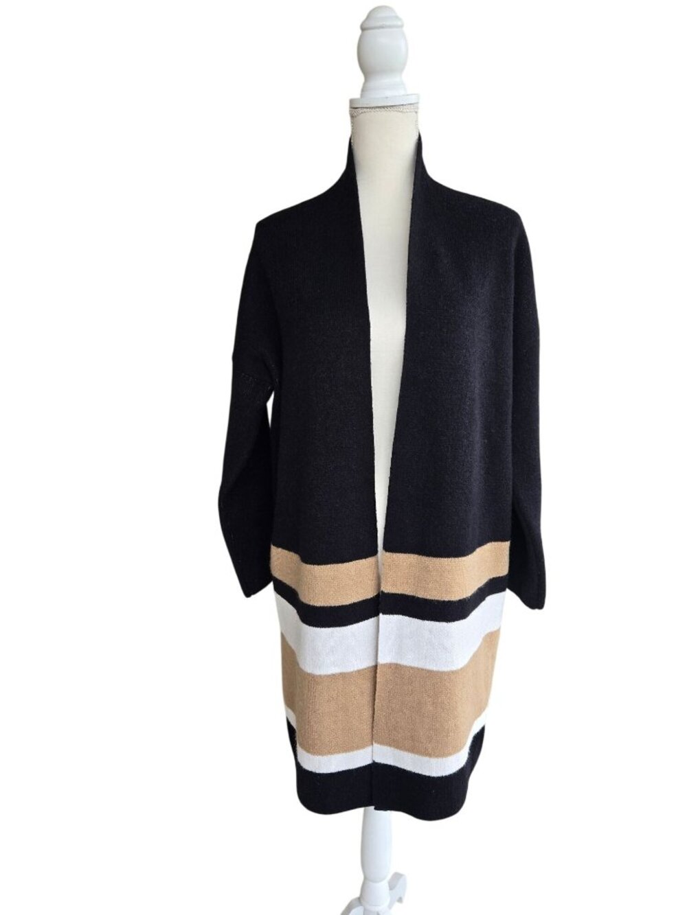 Max Sport Chic Black & Tan Long Open Front Cardigan Women's Large